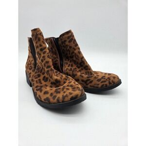 Leopard Print Faux Suede Ankle Boots Side Zip Low Block Heel Booties Brown Black